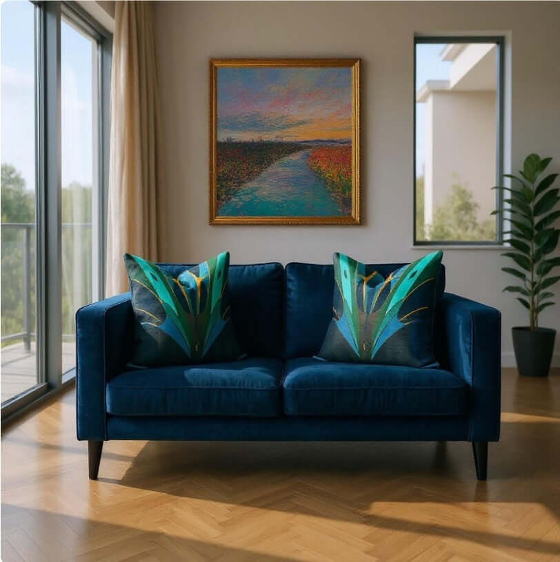 Two Blue And Teal Art Deco Woven Pillows in a living room with large windows and a painting on the wall.