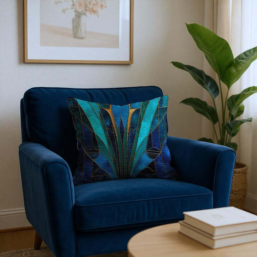Blue armchair with a Blue And Teal Art Deco Woven Pillow in a living room setting