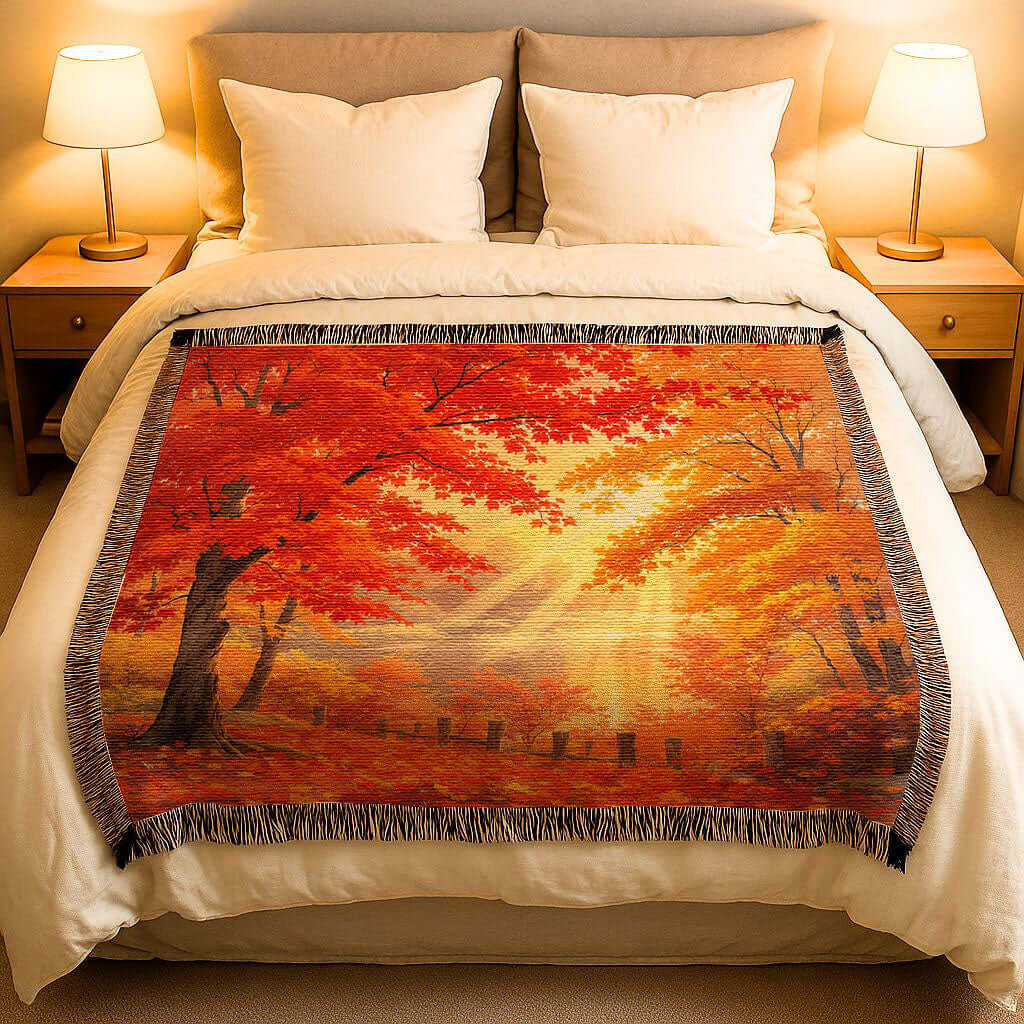 Autumn Day Woven Blanket Tapestry on a bed in a bedroom setting