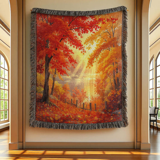 Autumn Day Woven Blanket Tapestry hanging on a gallery wall