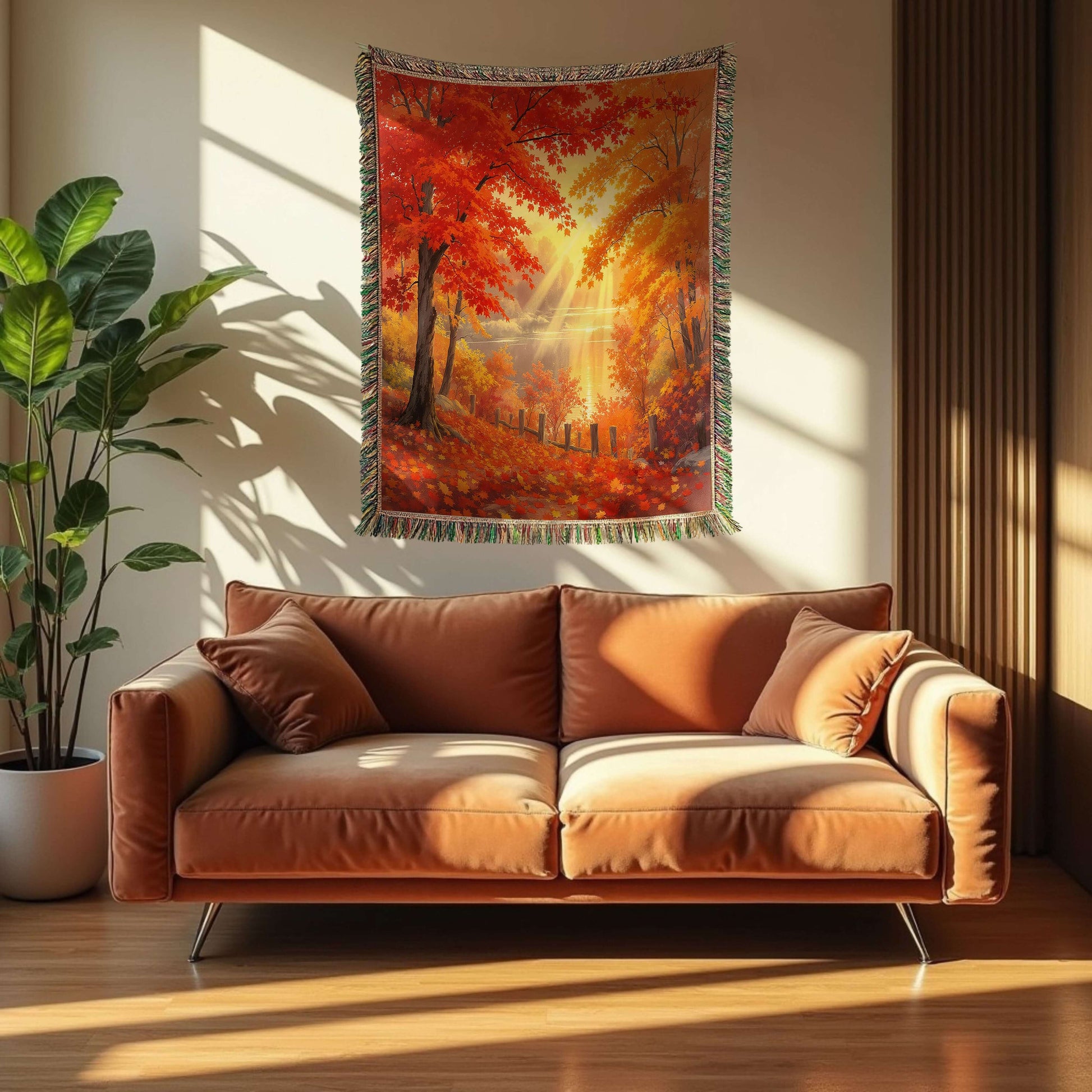 Brown sofa with decorative pillows in a room with the Autumn Day Woven Blanket Tapestry hanging on the wall behind it.