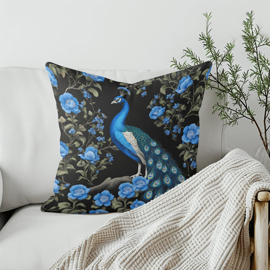 Handmade Peacock Velvet Pillow Cover in Black and Blue