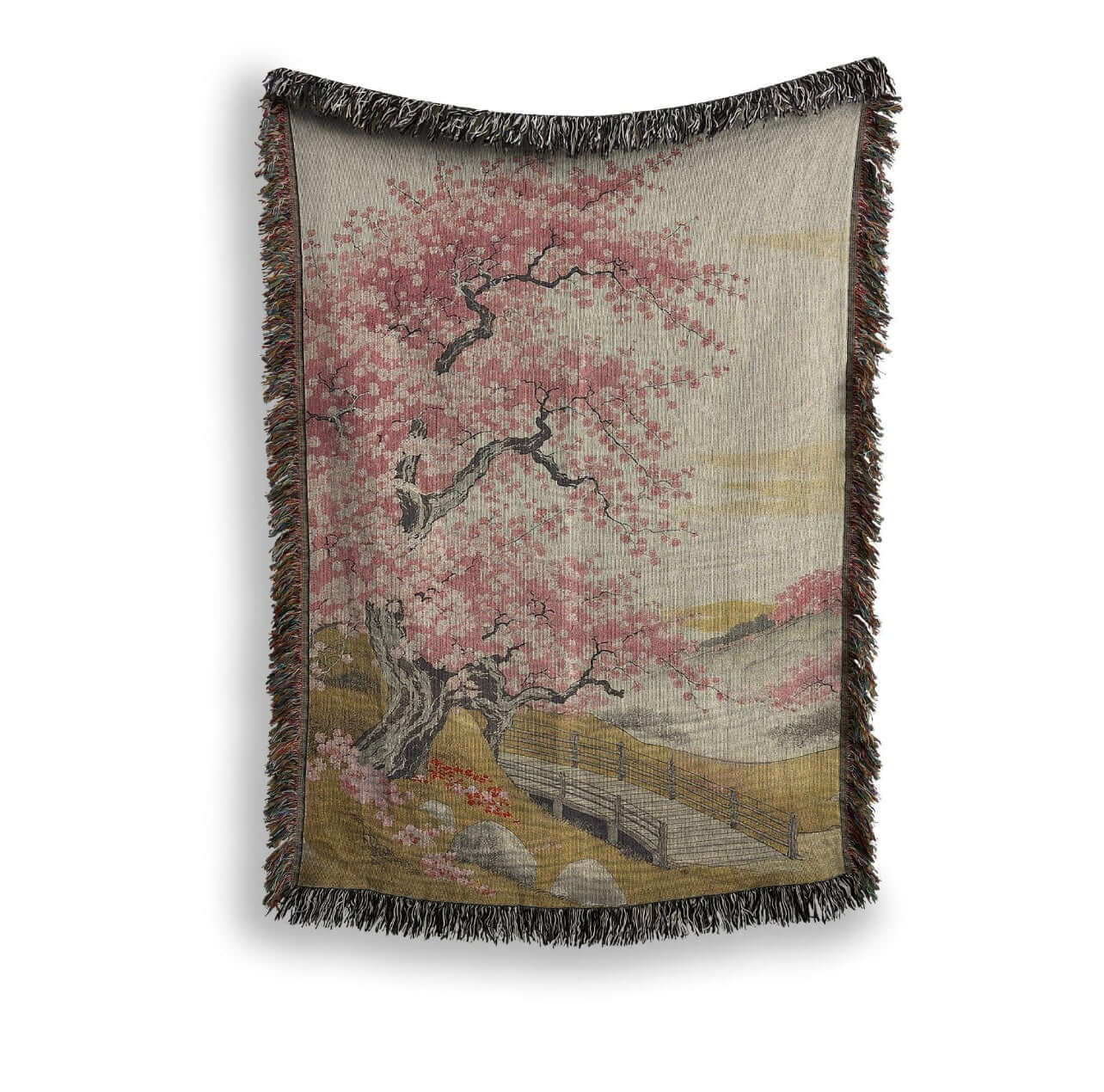 Cherry Blossom Tree Woven Blanket Tapestry hanging against a plain white background. 