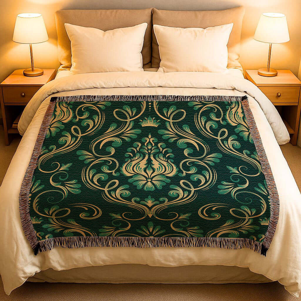 Overhead view of the Dark Green Damask Woven Blanket draped on a bed in a cozy dimly lit bedroom