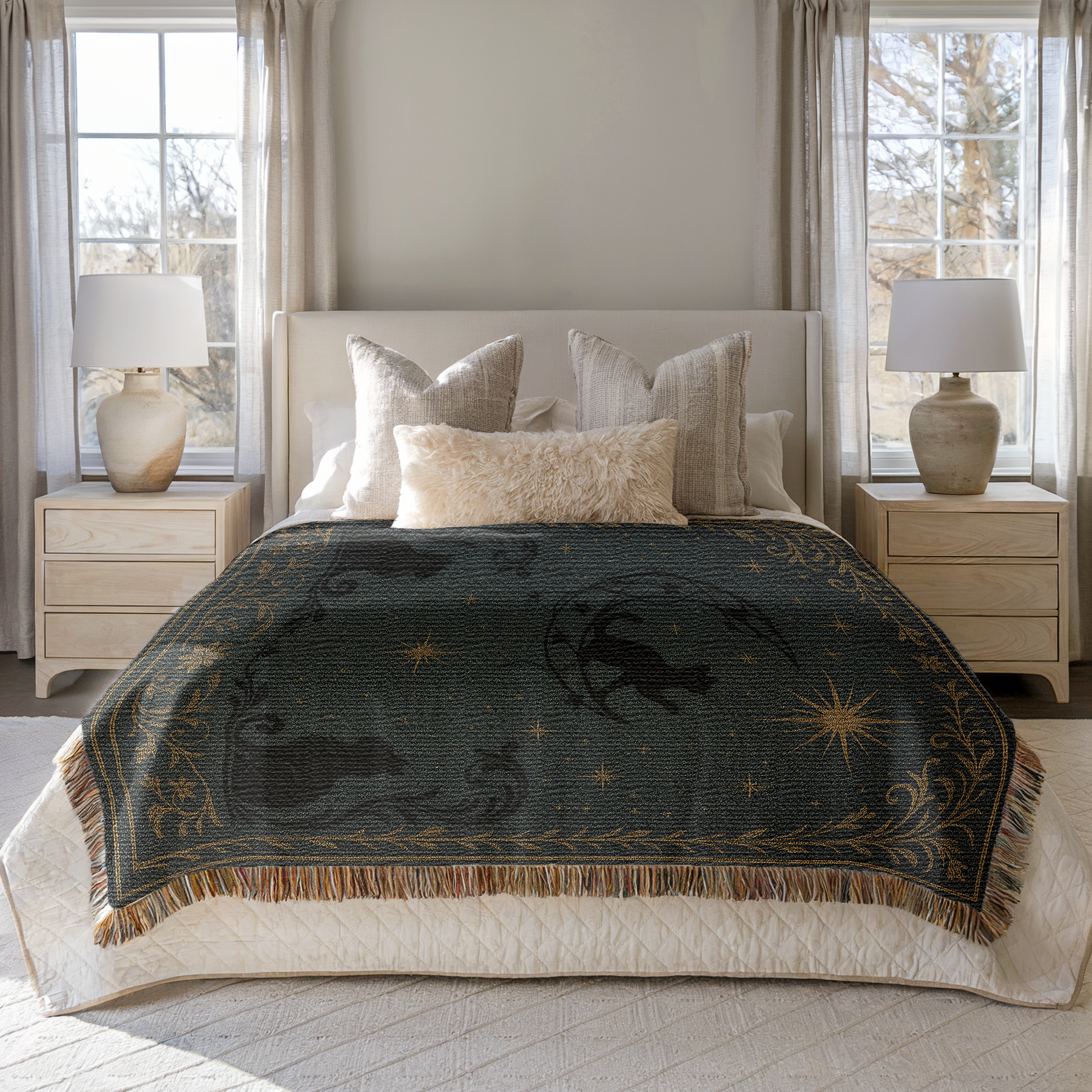 Celestial Black Cats Woven Blanket Tapestry draped on a bed in a bedroom with two nightstands and two lamps 