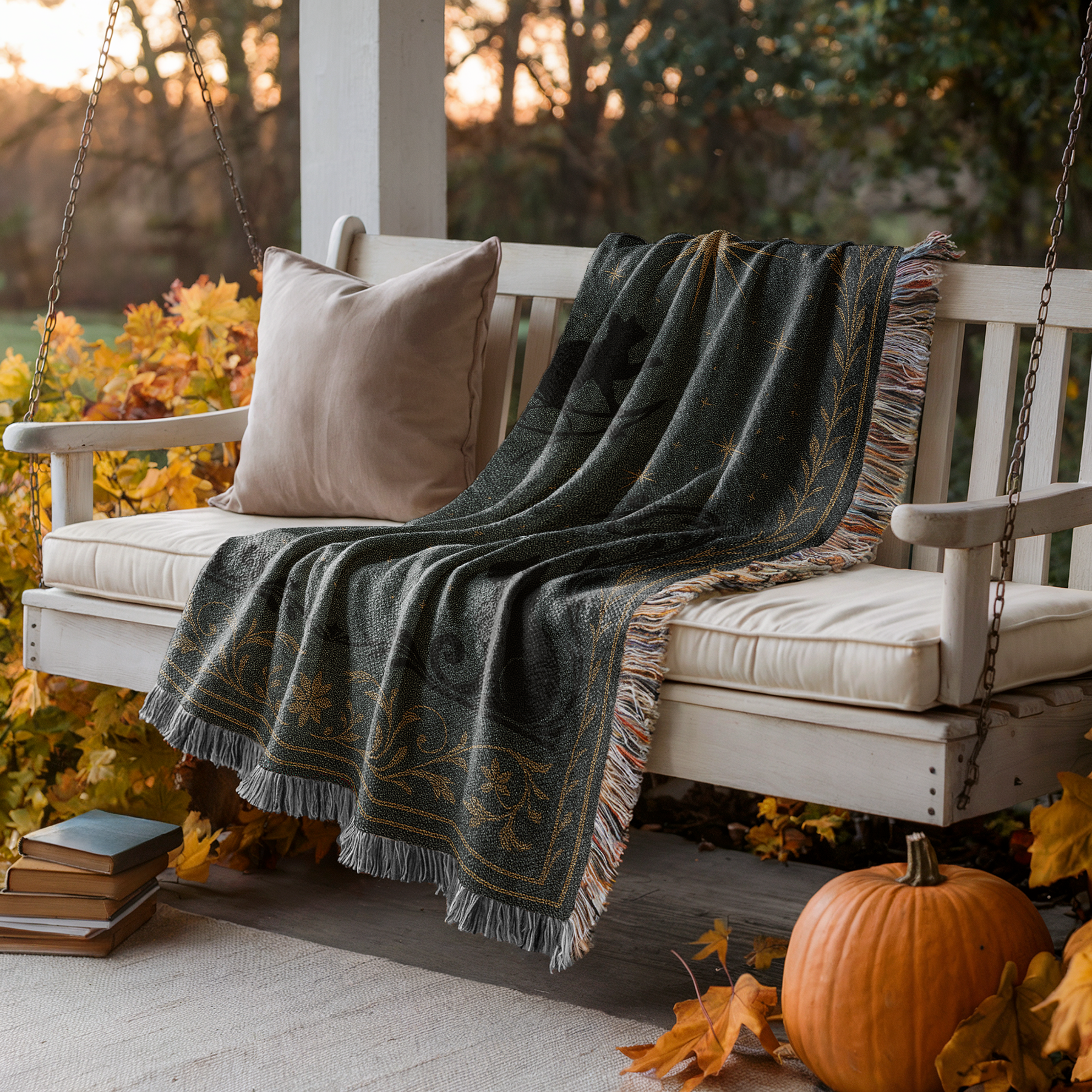 White porch swing with the Celestial Black Cats Woven Blanket Tapestry draped over it, with abeige pillow, and pumpkin on a wooden floor.