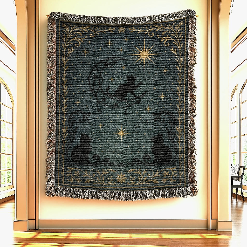 Celestial Black Cats Woven Blanket Tapestry hanging on a gallery wall 