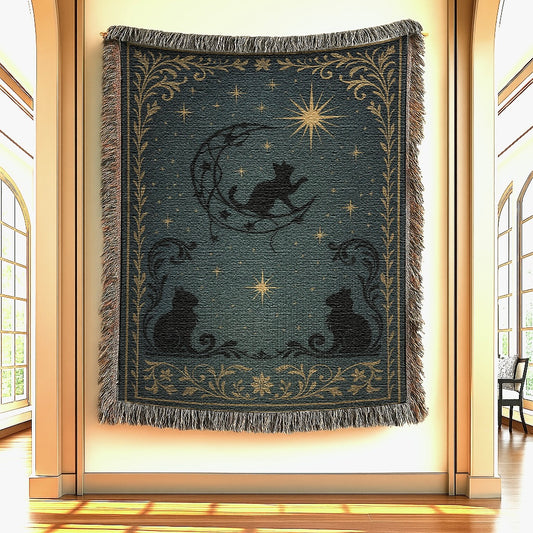 Celestial Black Cats Woven Blanket Tapestry hanging on a gallery wall 