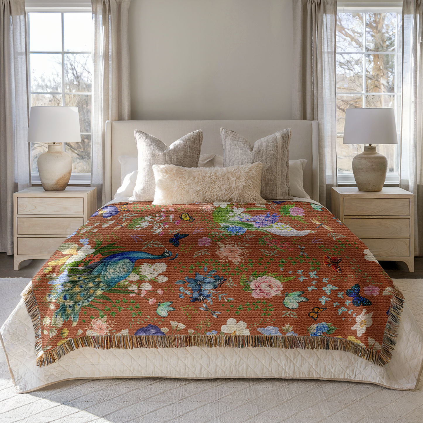 Cinnamon Brown Peacock Floral Woven Blanket draped on a bed in a bedroom setting