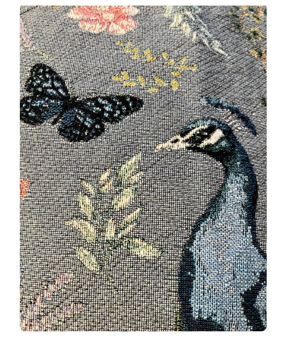Closeup Dark Gray Peacock Floral Woven Blanket with Fringes 