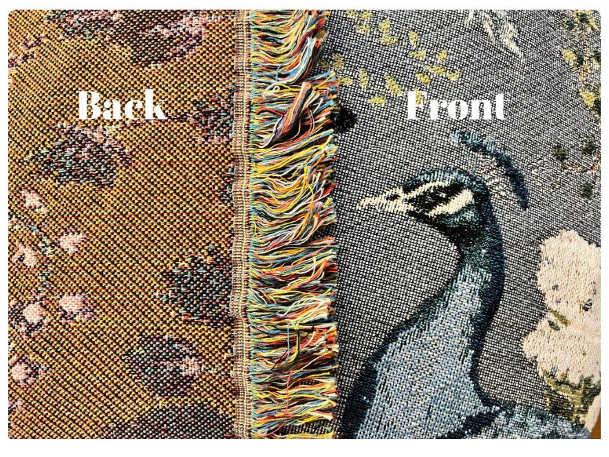 Closeup Dark Gray Peacock Floral Woven Blanket with Fringes 