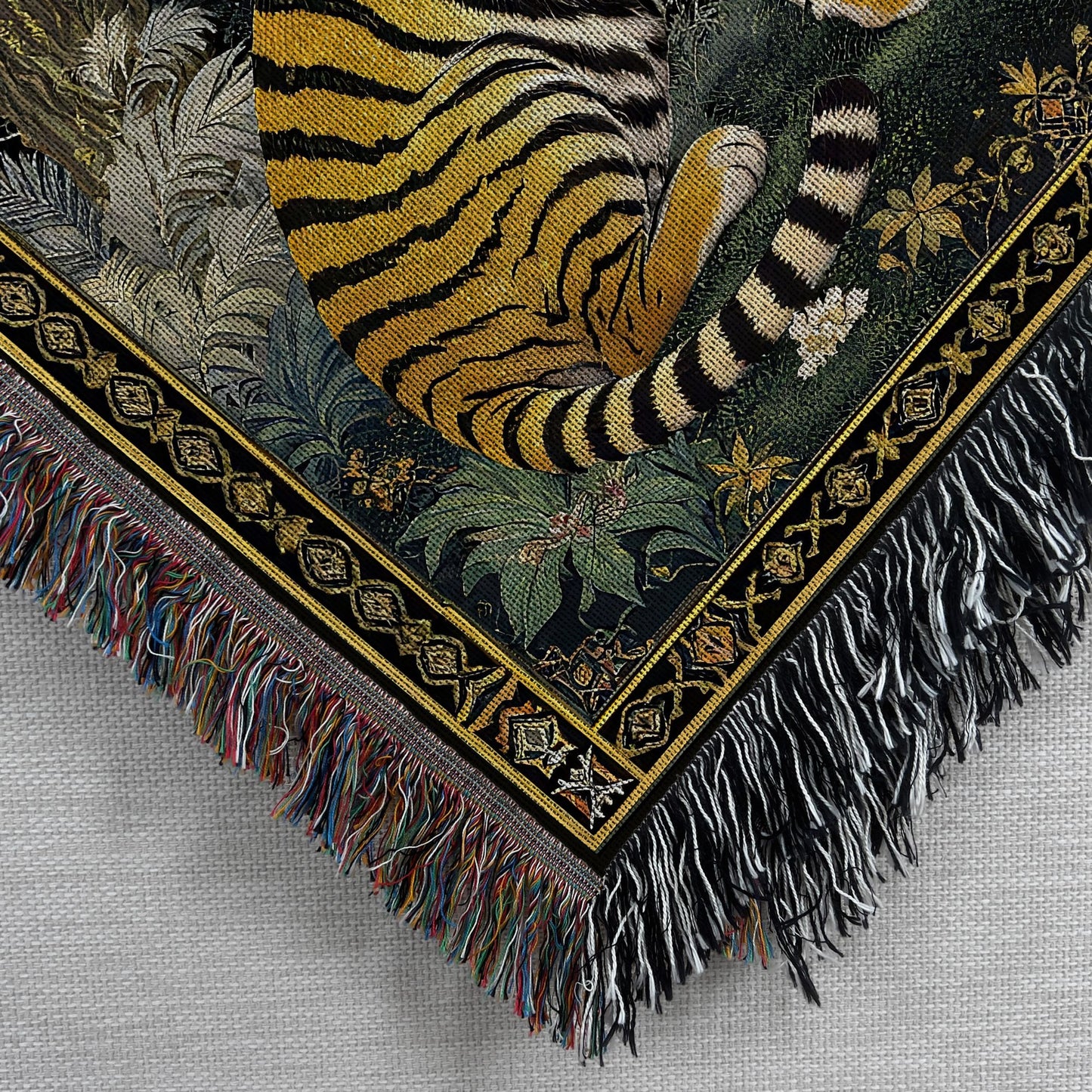 Closeup corner view of the Exotic Tiger Woven Throw Blanket