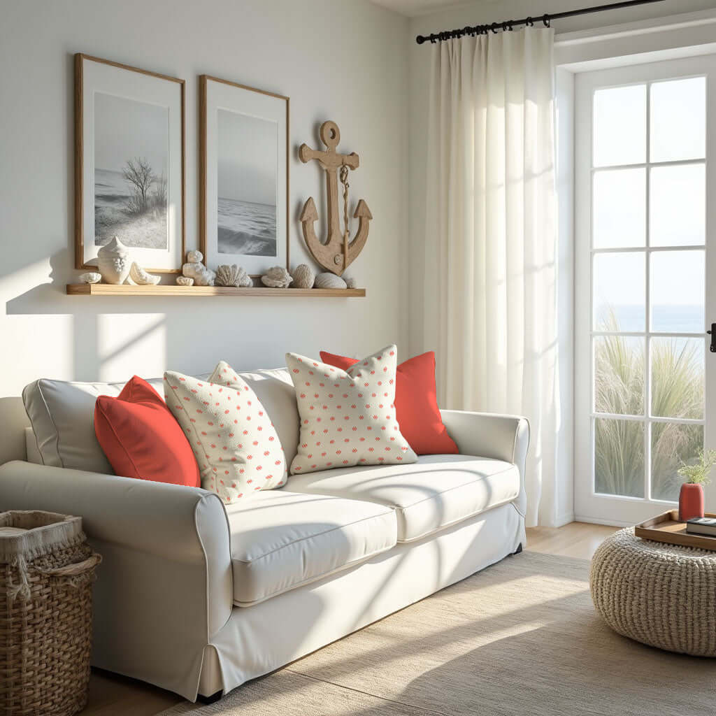 Coral and White Pillows on a white sofa.