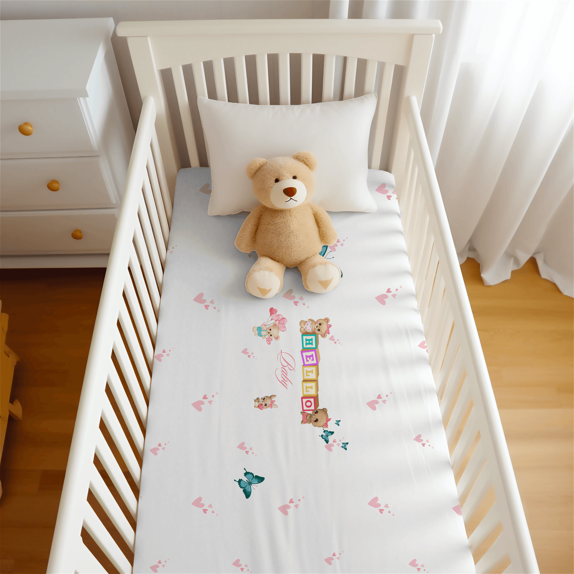 Girls Pink and White Butterfly Crib Sheet