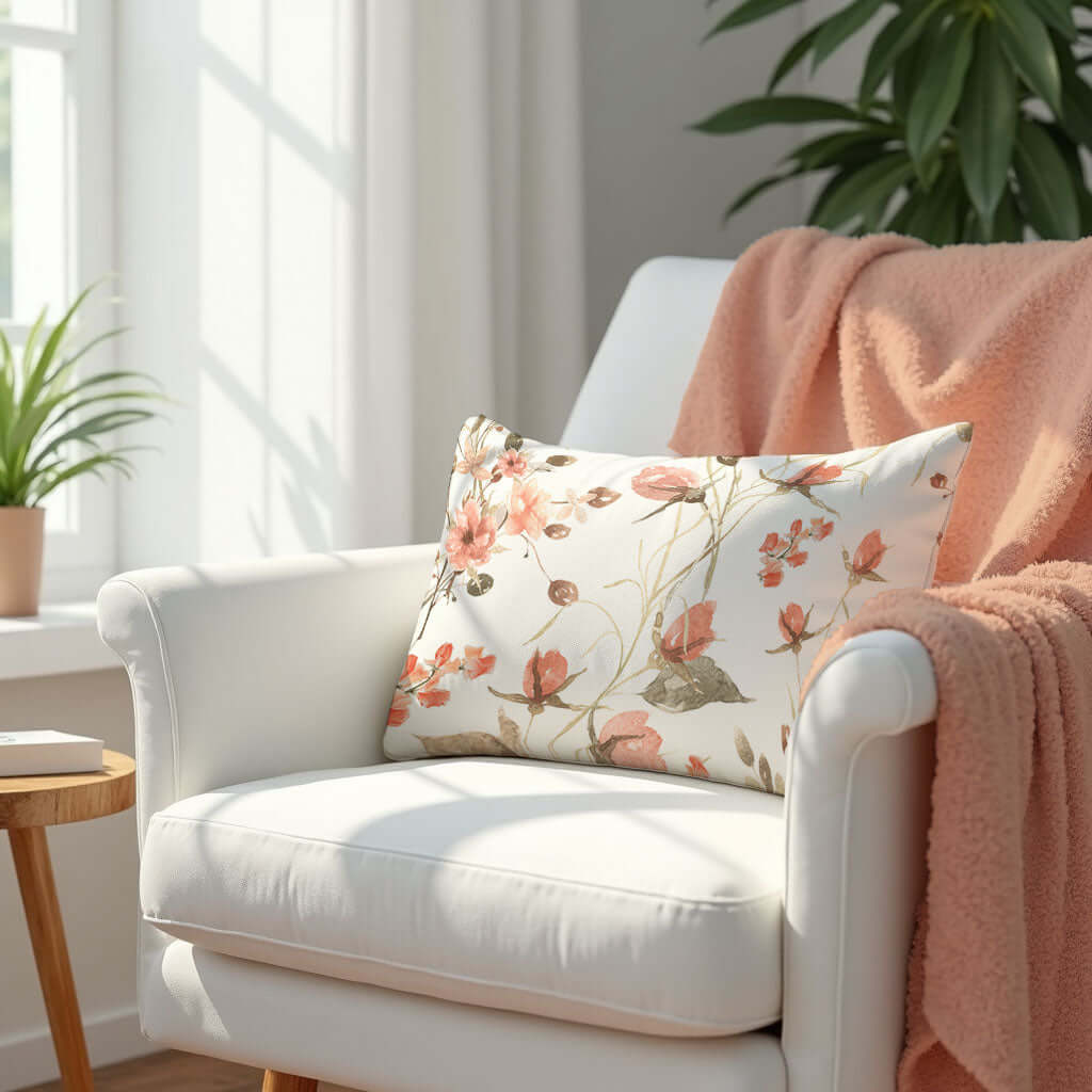 Coral and White floral lumbar pillow on a white armchair.