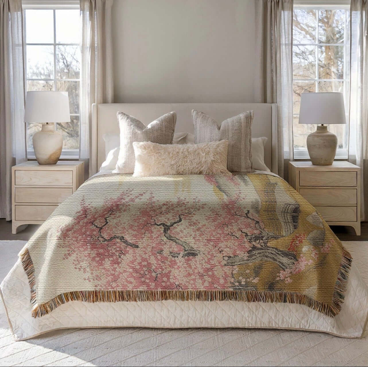 Cherry Blossom Tree Woven Blanket Tapestry draped on a bed, in a brightly lit bedroom. 