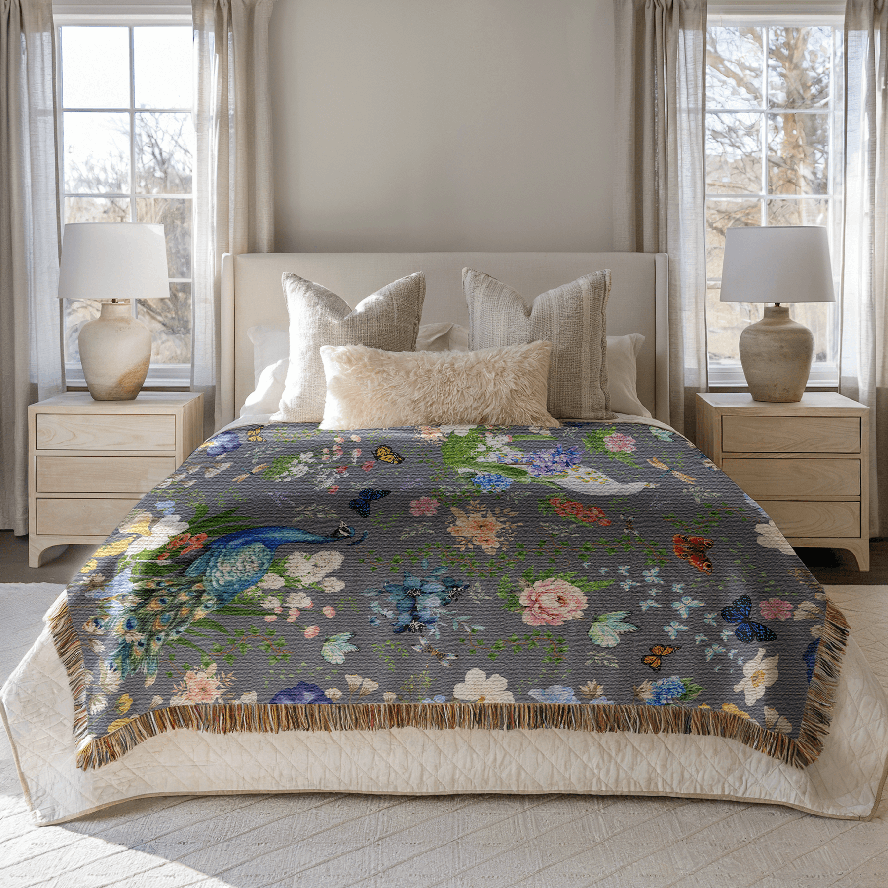 Dark Gray Peacock Floral Woven Blanket with Fringes draped over a bed in a bright bedroom 