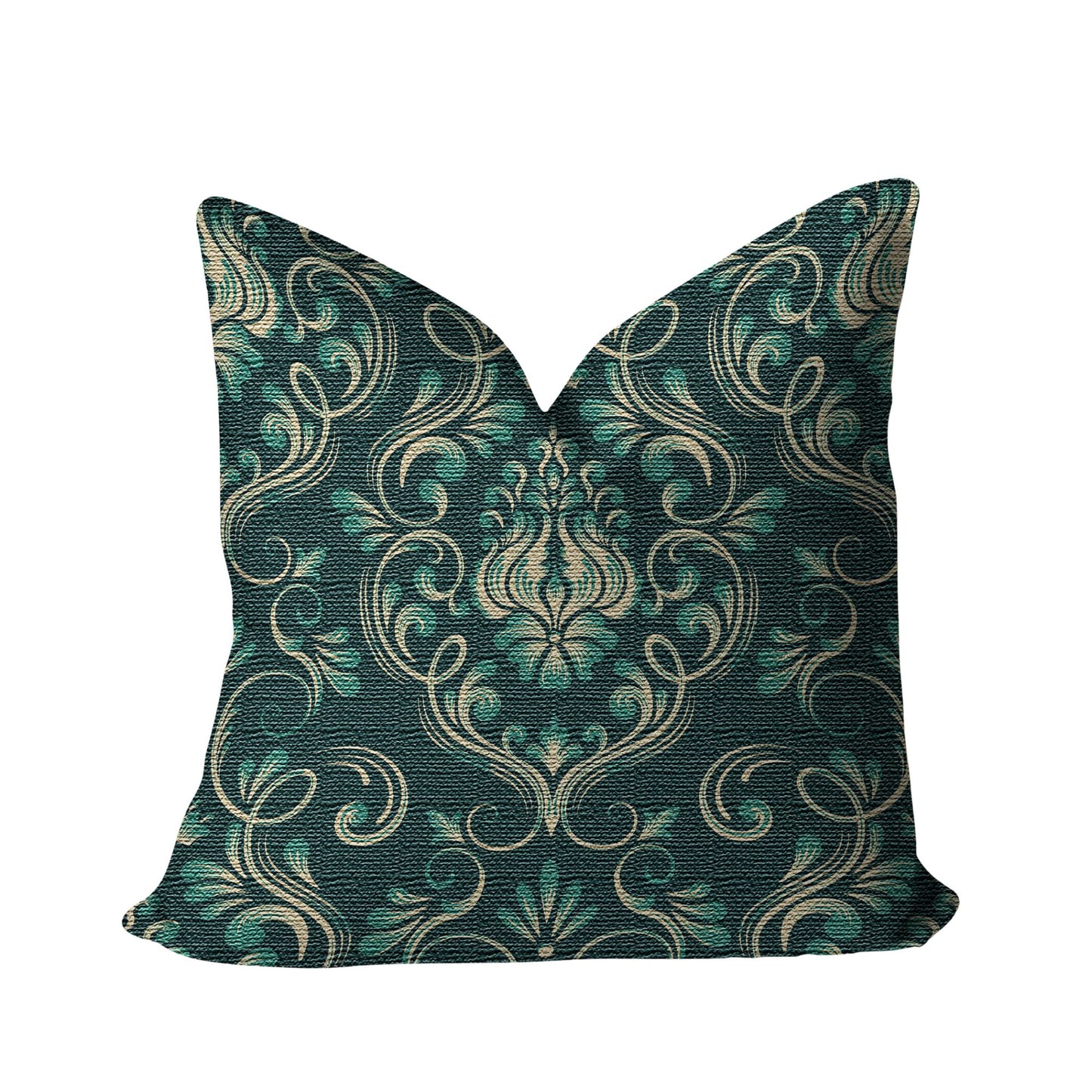 Dark Green Floral Damask Woven Pillow against a white background