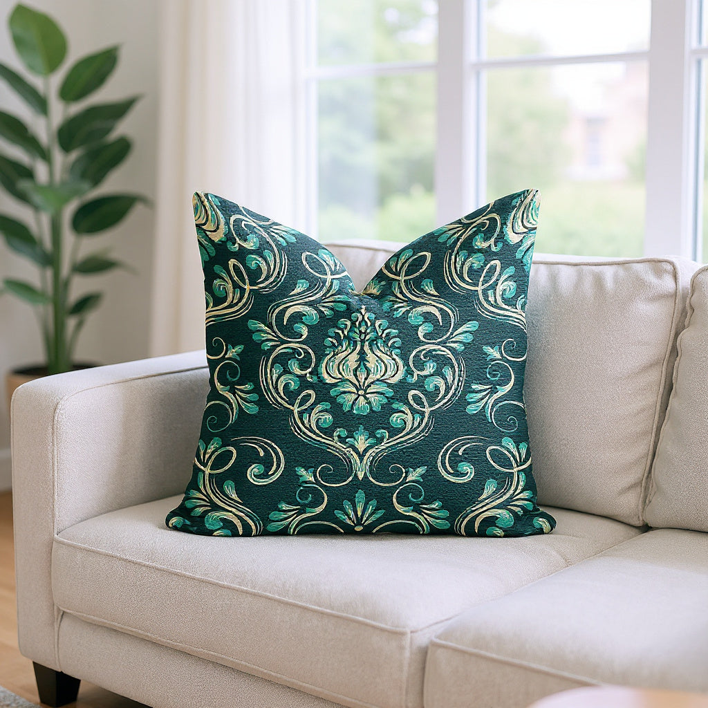 Dark Green Floral Damask Woven Pillow on a white sofa