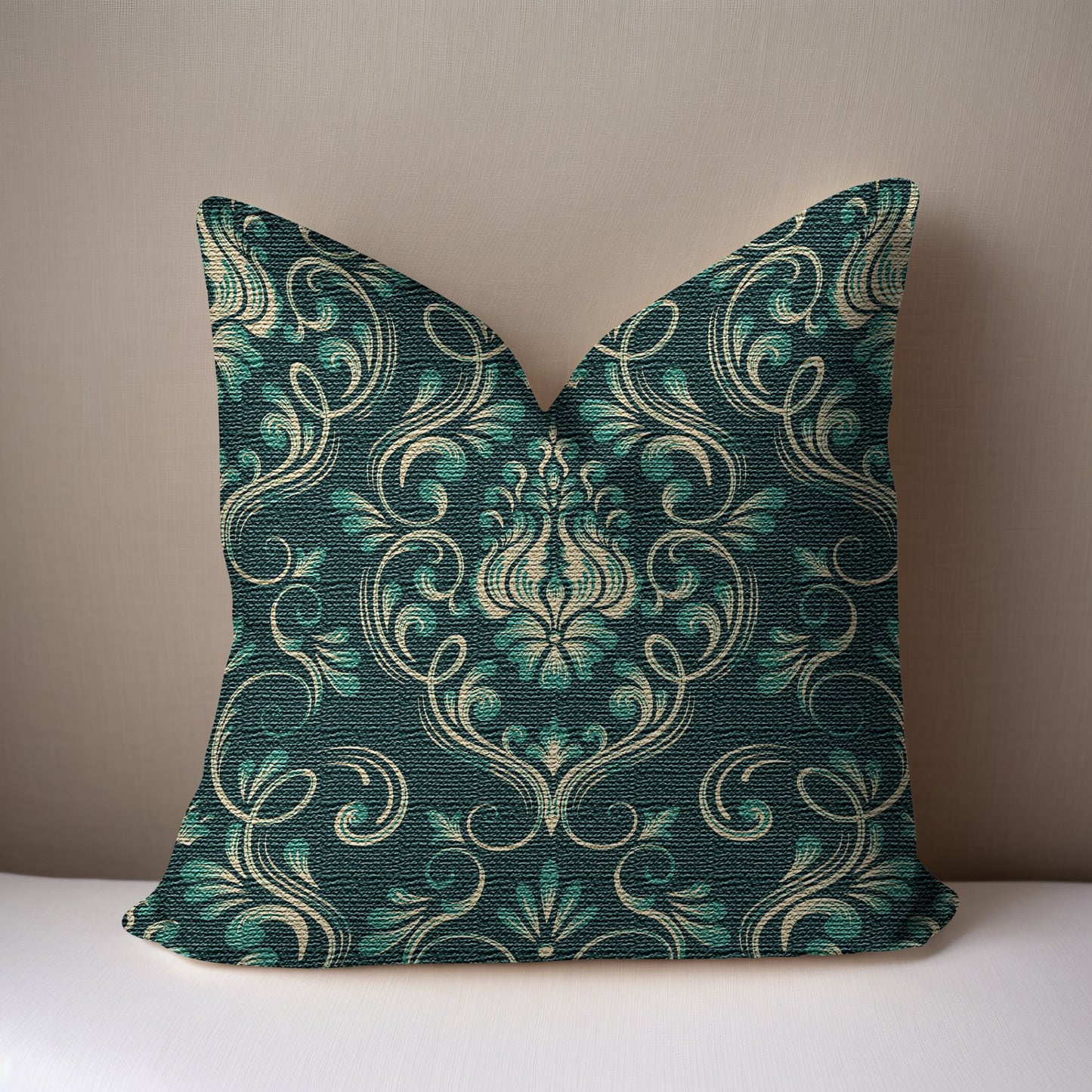 Dark Green Floral Damask Woven Pillow on a white surface with a taupe background