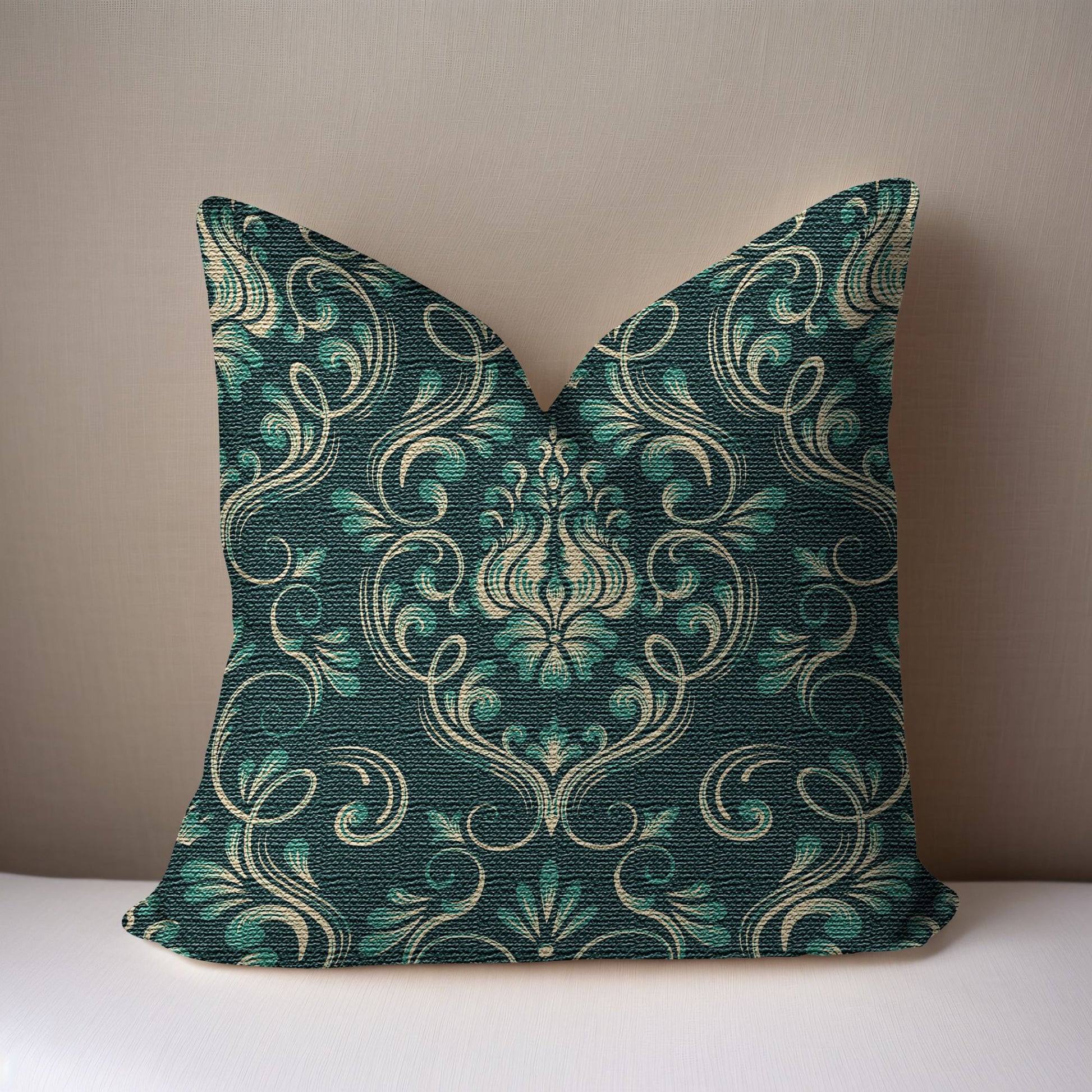 Dark Green Floral Damask Woven Pillow on a white surface with a taupe background