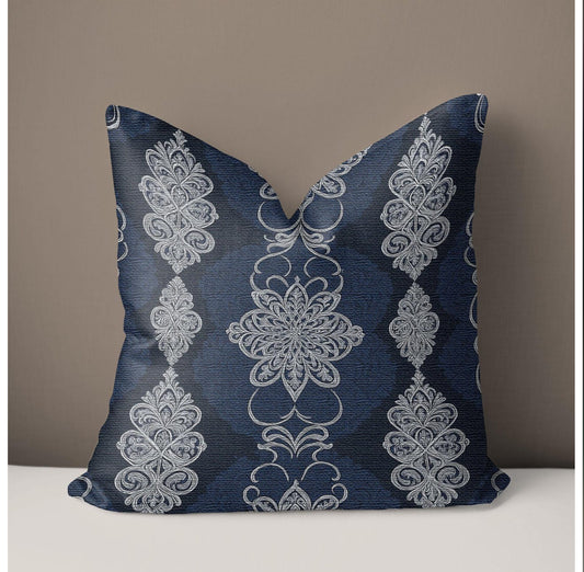 Navy White Damask Print Pillow with Insert