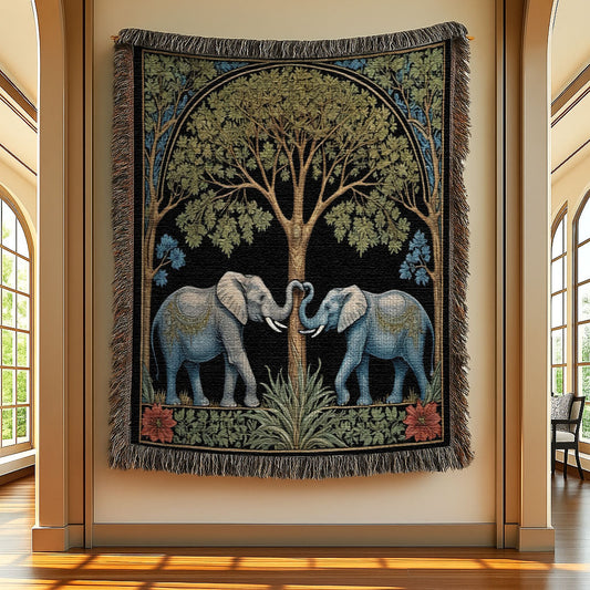 Elephant Love Woven Blanket Tapestry hung up on a gallery wall.