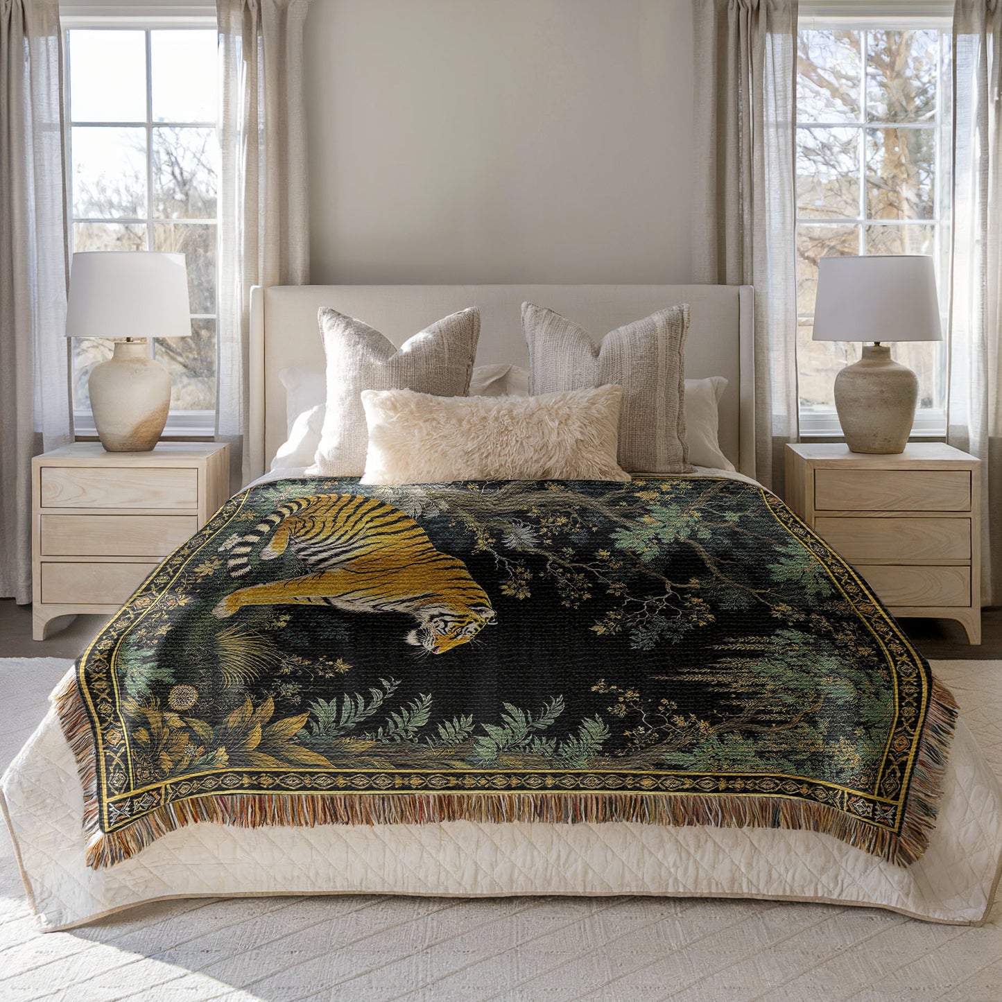 Exotic Tiger Woven Throw Blanket draped over a bed in a bedroom with two nightstands