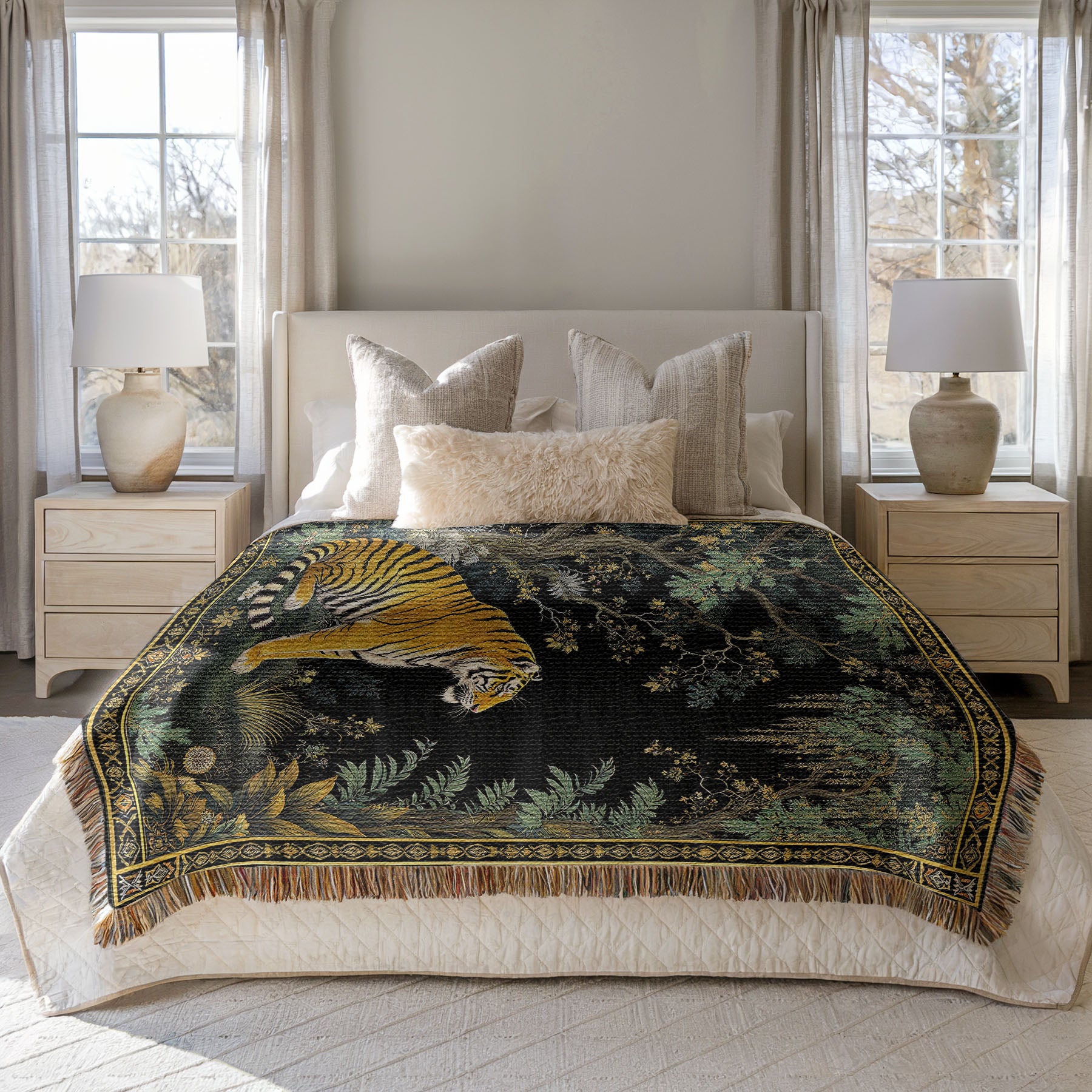 Exotic Tiger Woven Throw Blanket draped over a bed in a bedroom with two nightstands
