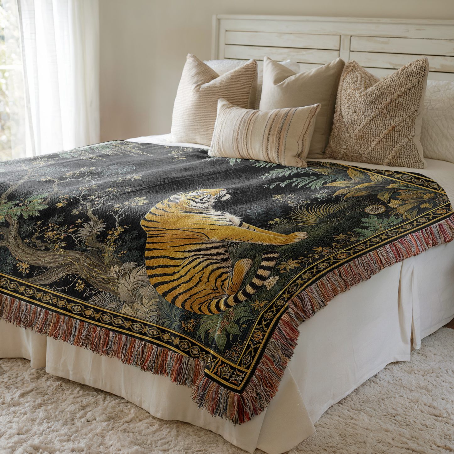 Exotic Tiger Woven Throw Blanket draped on a bed with beige pillows