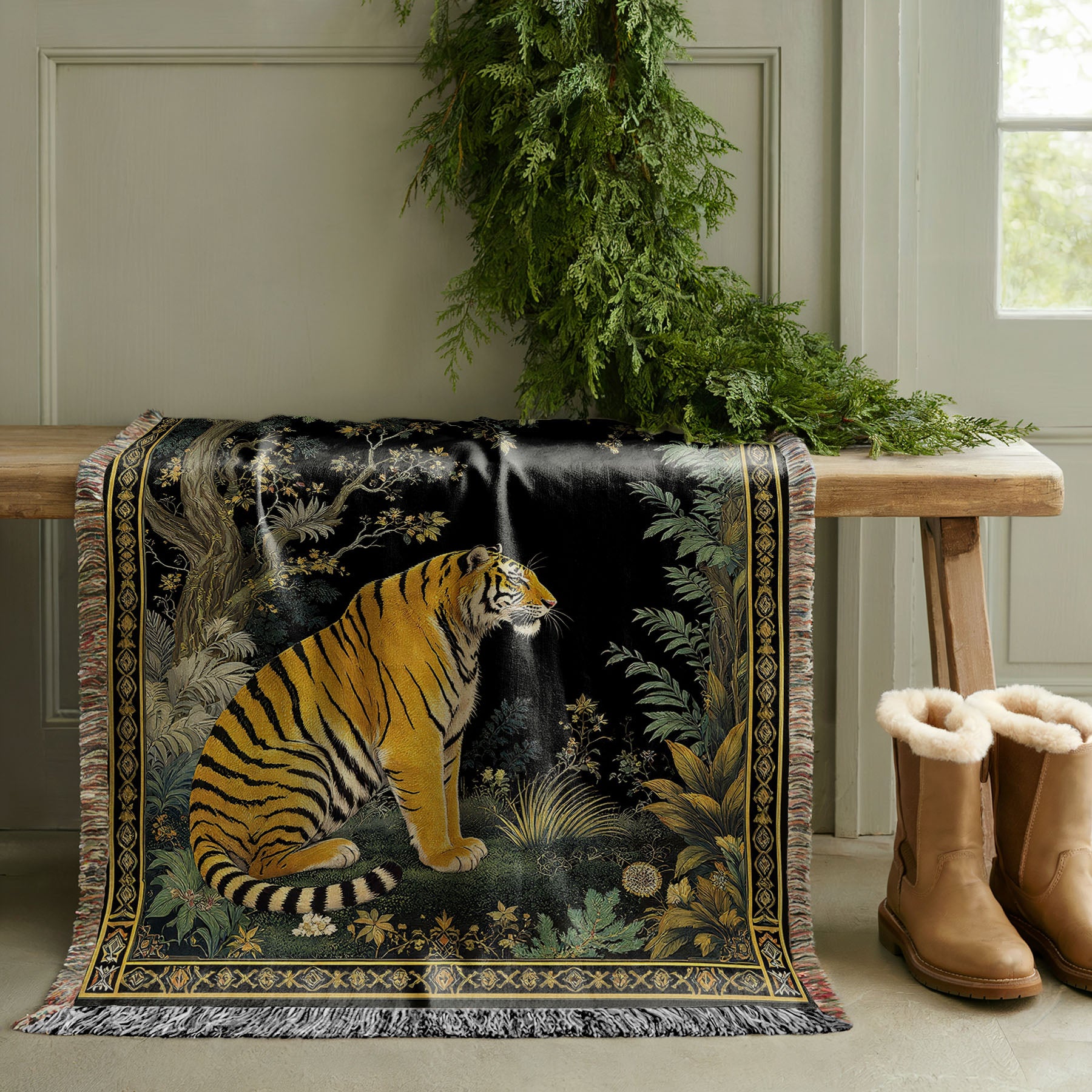 Exotic Tiger Woven Throw Blanket draped over a wooden stool 