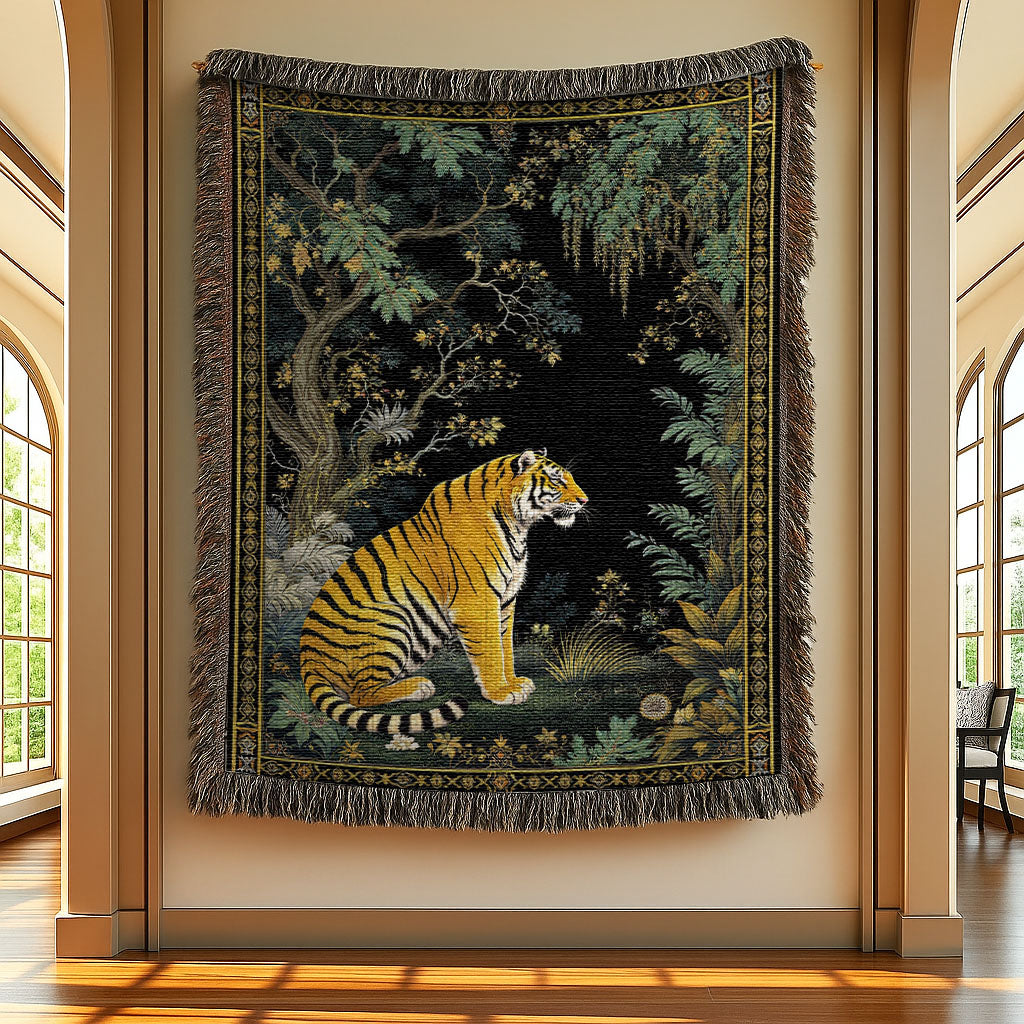 Exotic Tiger Woven Throw Blanket hanging on a gallery wall