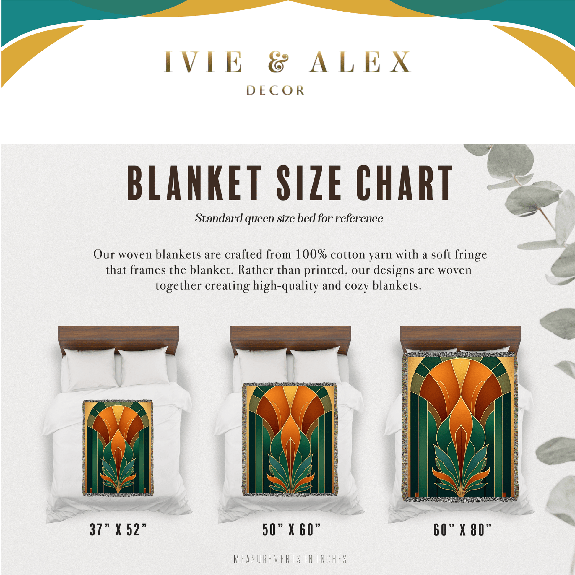 Teal and Bronze Art Deco Design Woven Blanket Tapestry Size Chart.