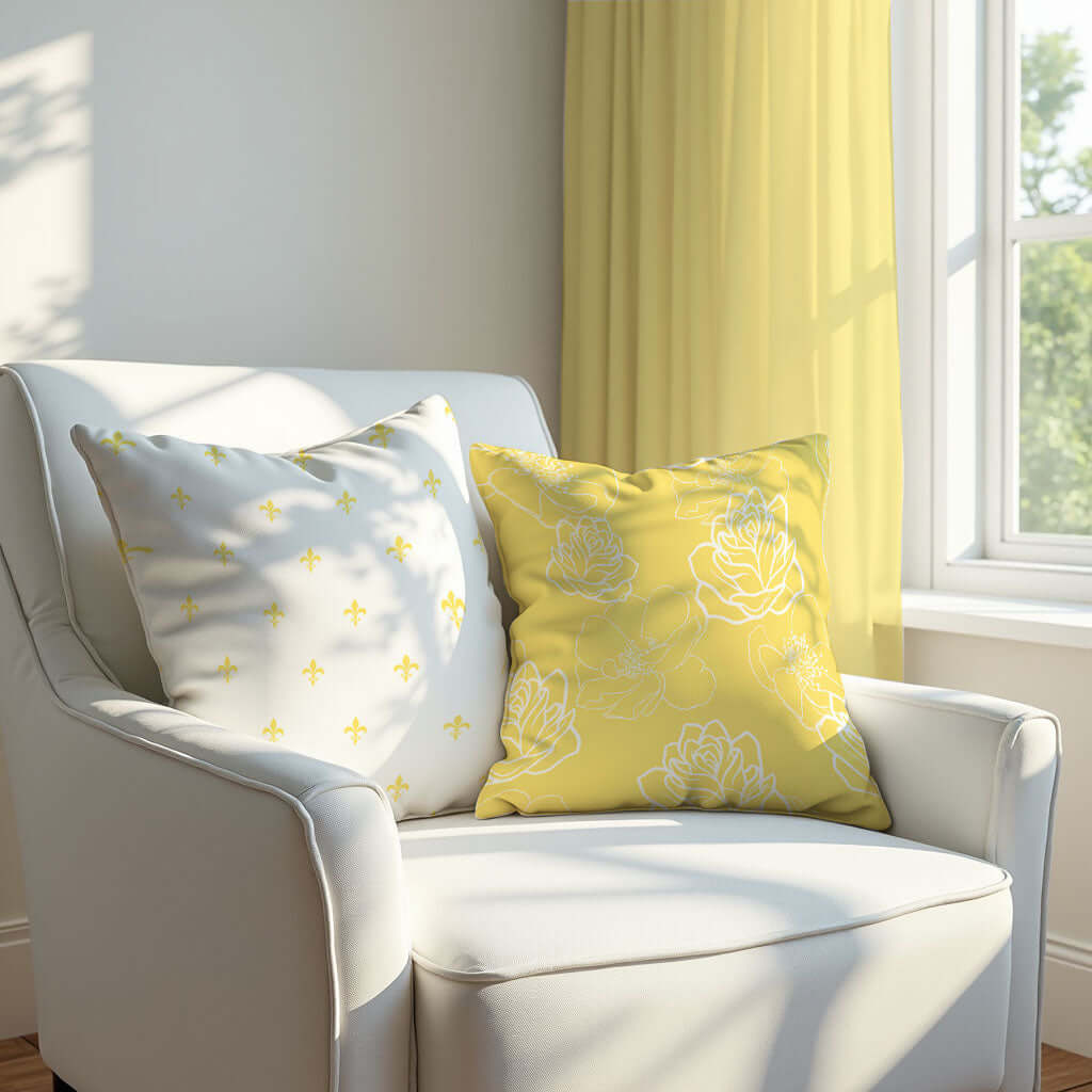 Two yellow and white pillows on an armchair.