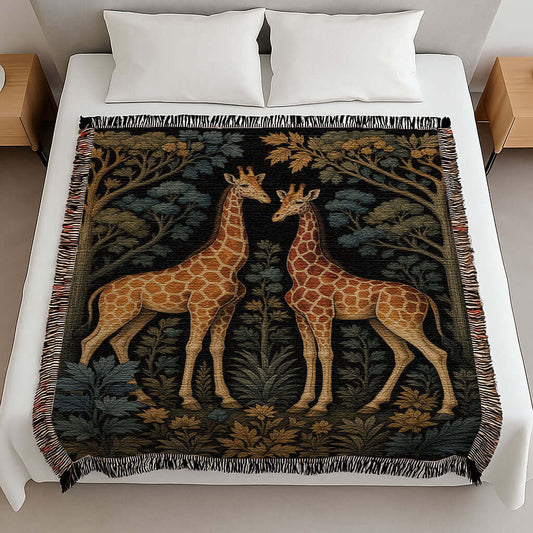 Overhead view of the Giraffe Woven Safari Blanket Tapestry draped on a bed