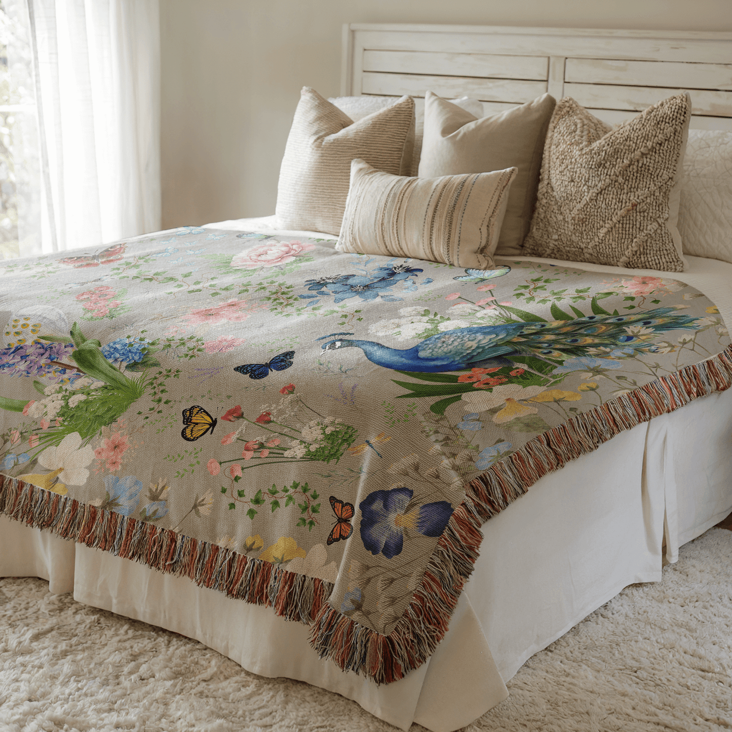 Gray Peacock Floral Woven Blanket with Fringes draped on a bed in a well lit bedroom