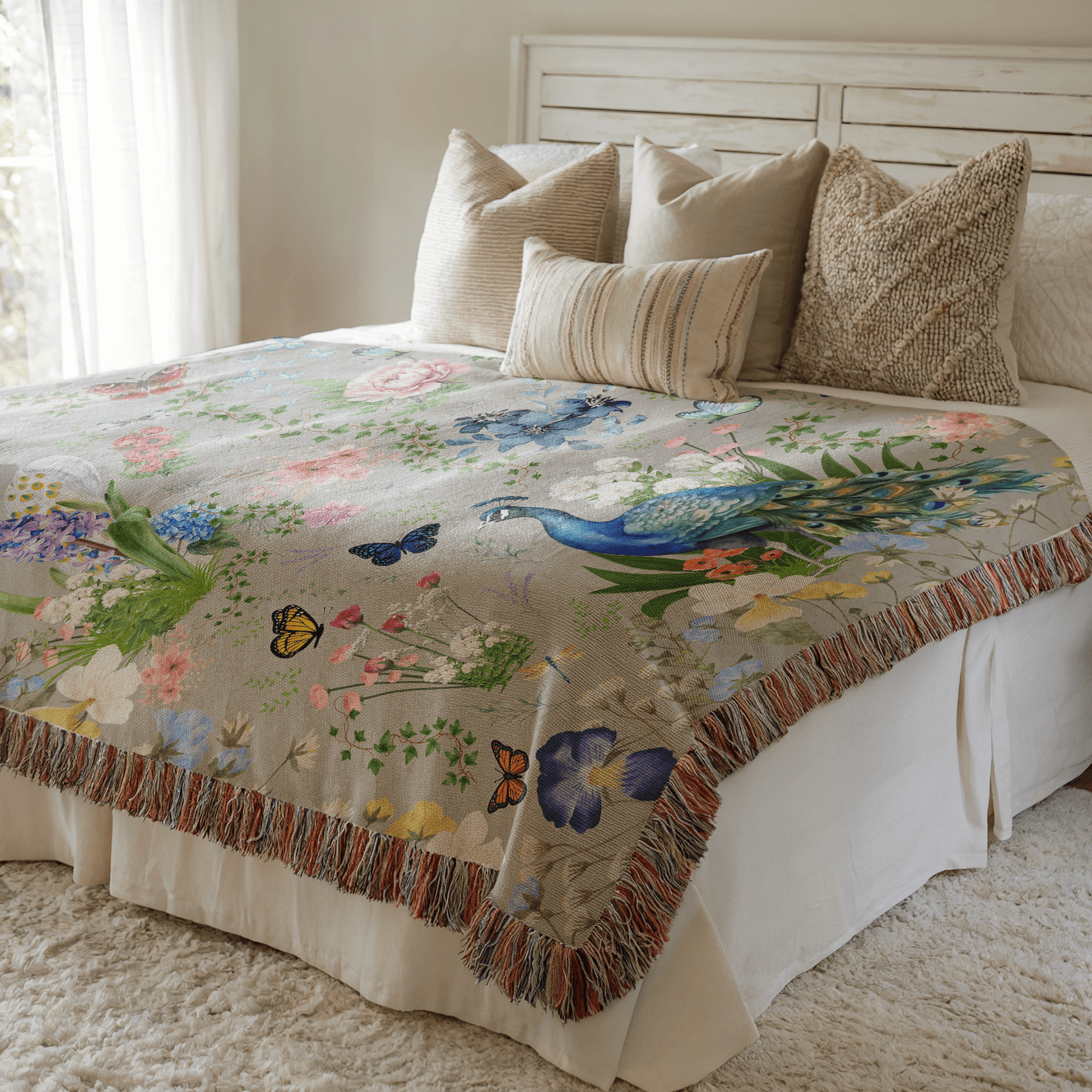 Gray Peacock Floral Woven Blanket with Fringes draped on a bed in a well lit bedroom