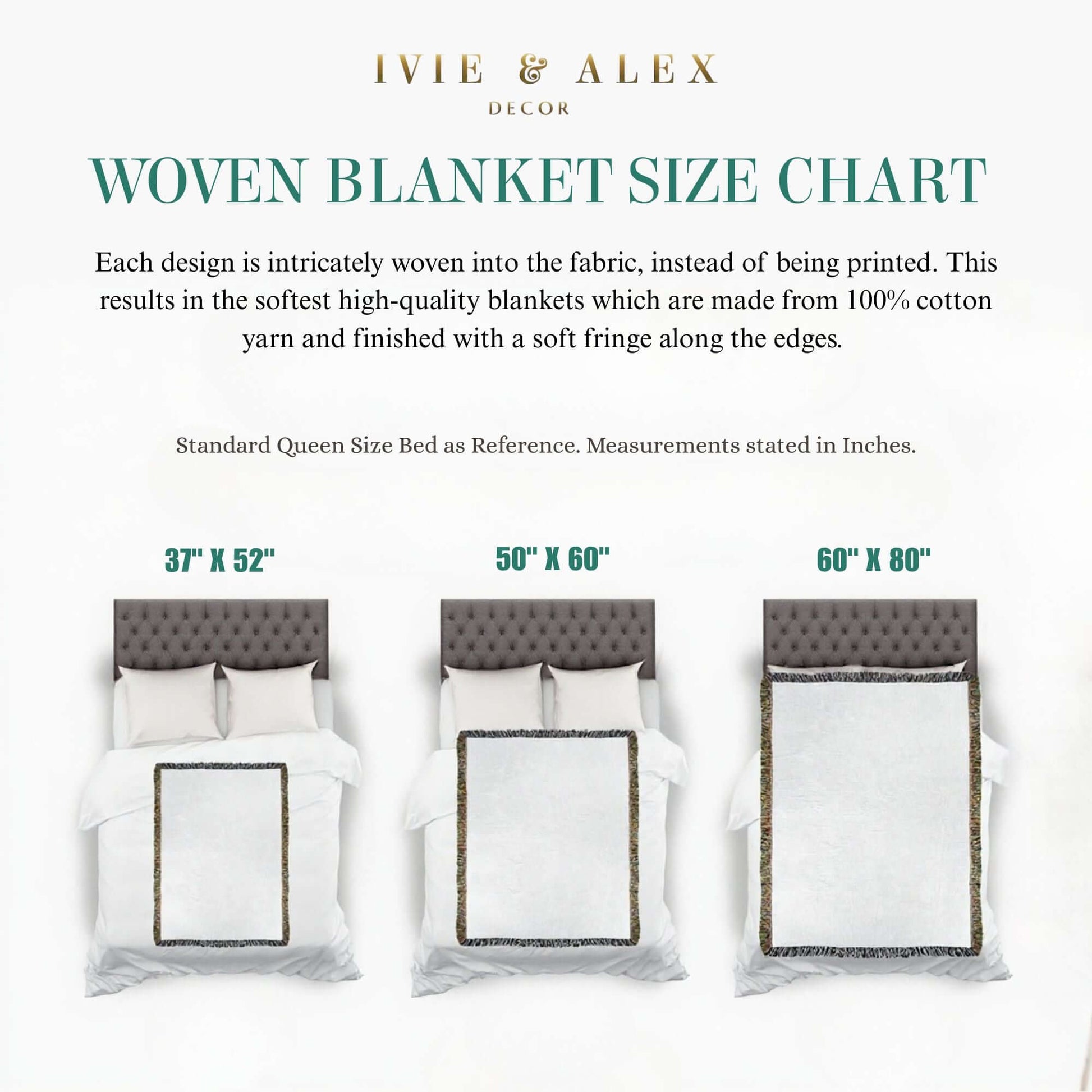 Woven blanket size chart with IVIE & ALEX DECOR branding and measurements for the Gray Peacock Floral Woven Blanket with Fringes