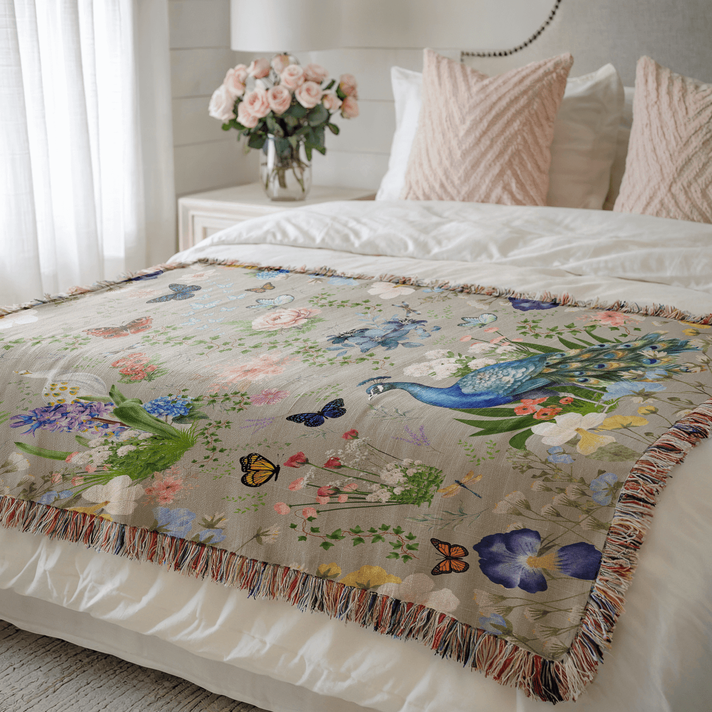 Gray Peacock Floral Woven Blanket with Fringes on a bed with pink pillows and flowers in a bright bedroom.