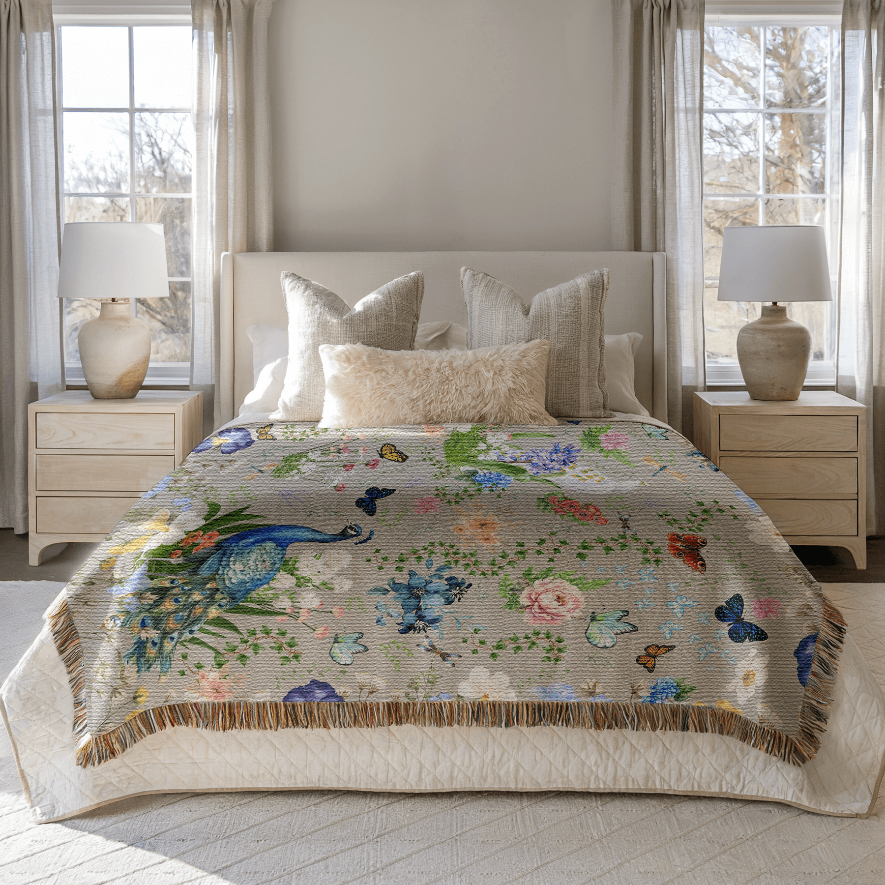 Decorative blanket with floral and Gray Peacock Floral Woven Blanket with Fringes on a large bed in a bright bedroom setting