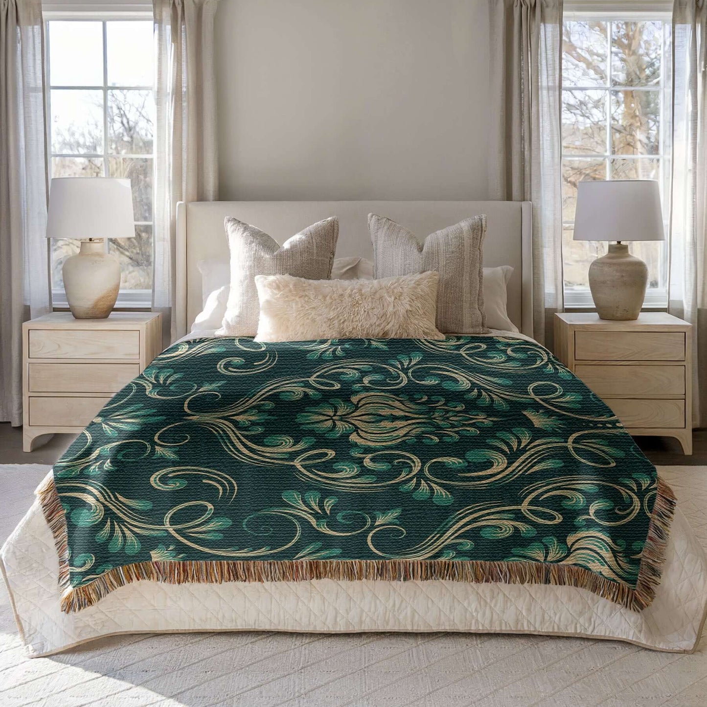 Dark Green Damask Woven Blanket  draped on a bed