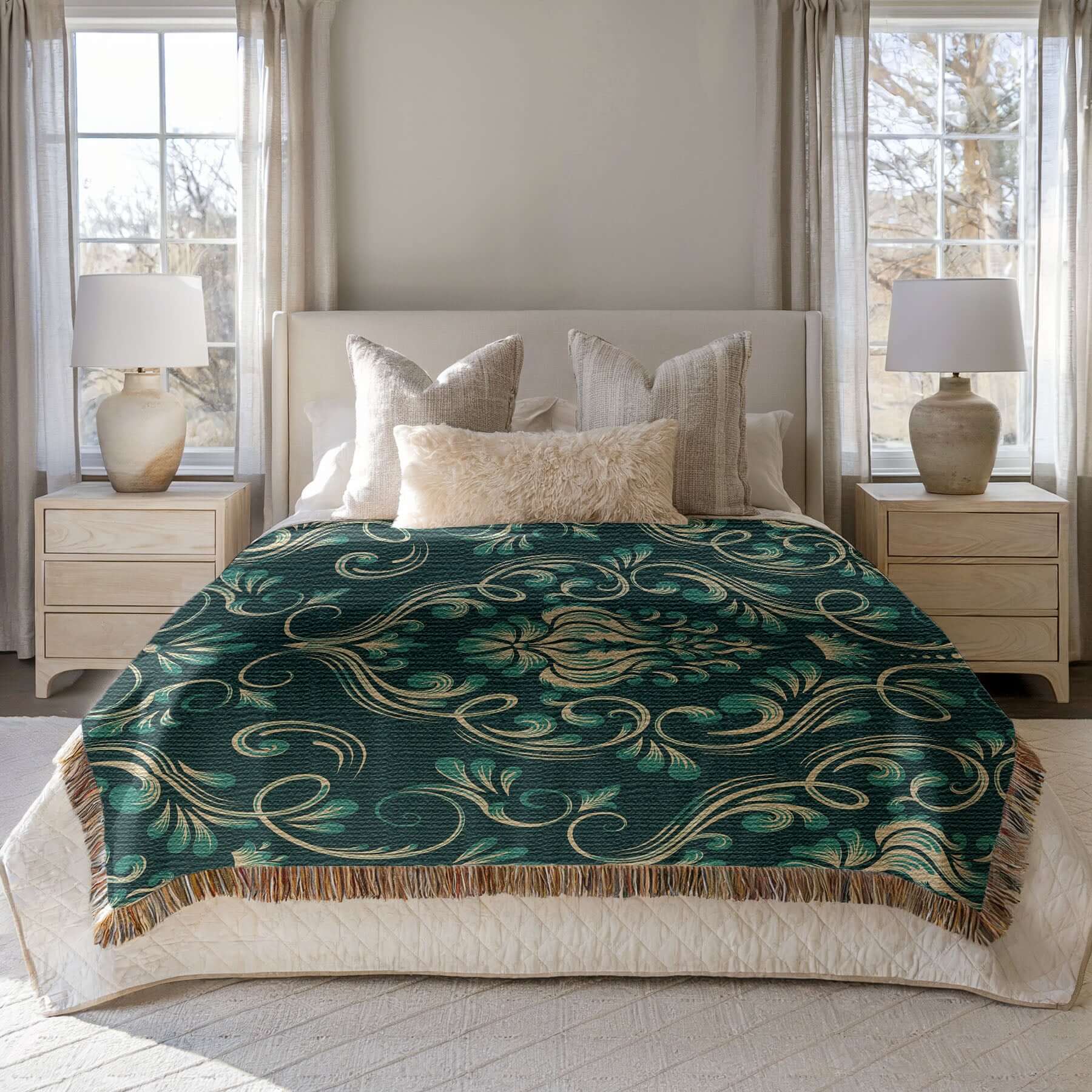 Dark Green Damask Woven Blanket  draped on a bed