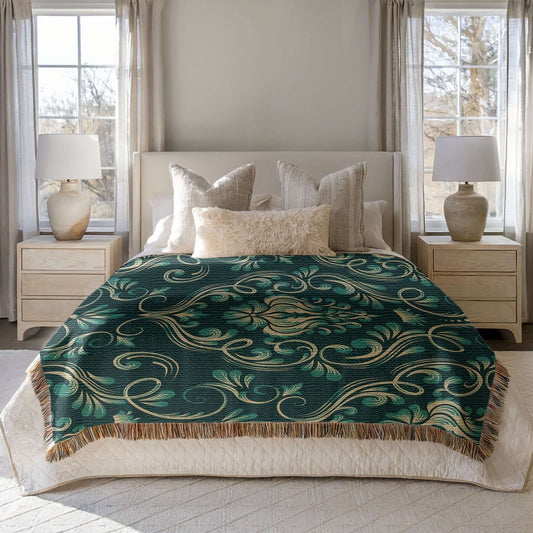 Dark Green Damask Woven Blanket  draped on a bed