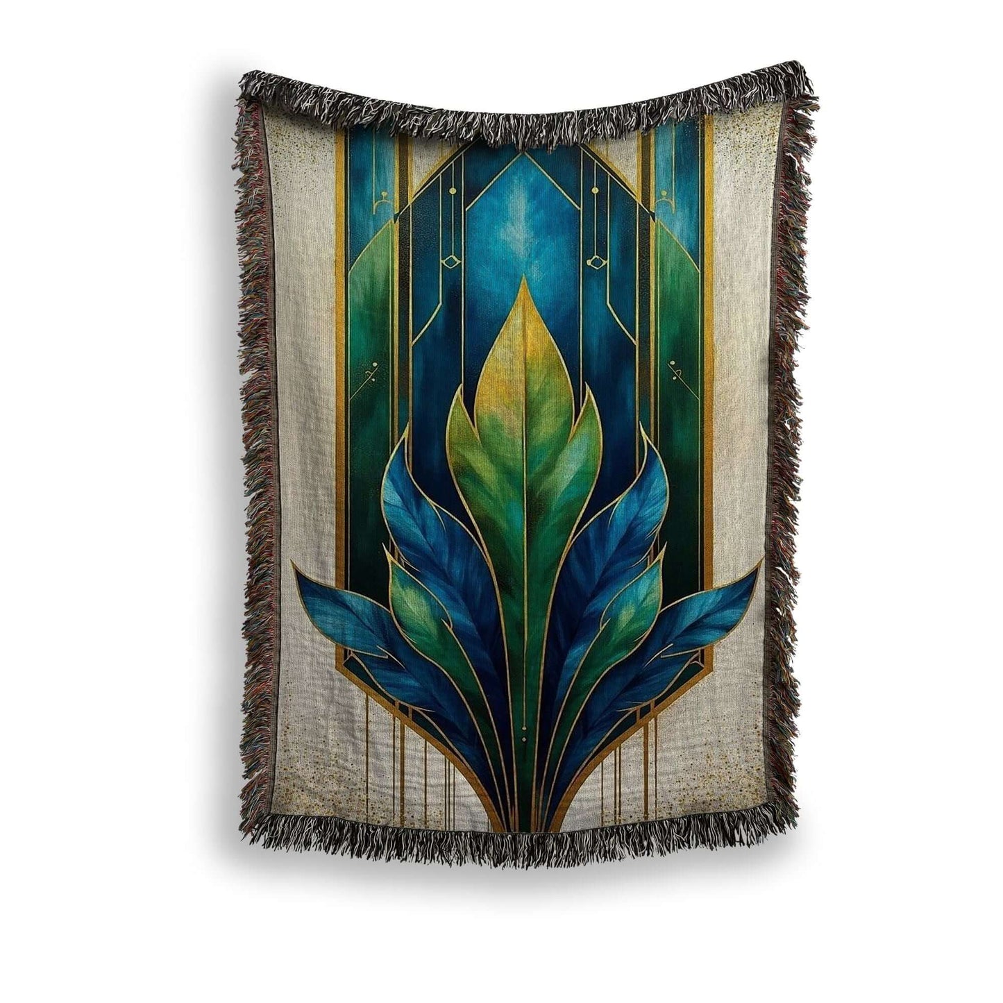 Art Deco Woven Blanket in Blue Green Gold against a white background
