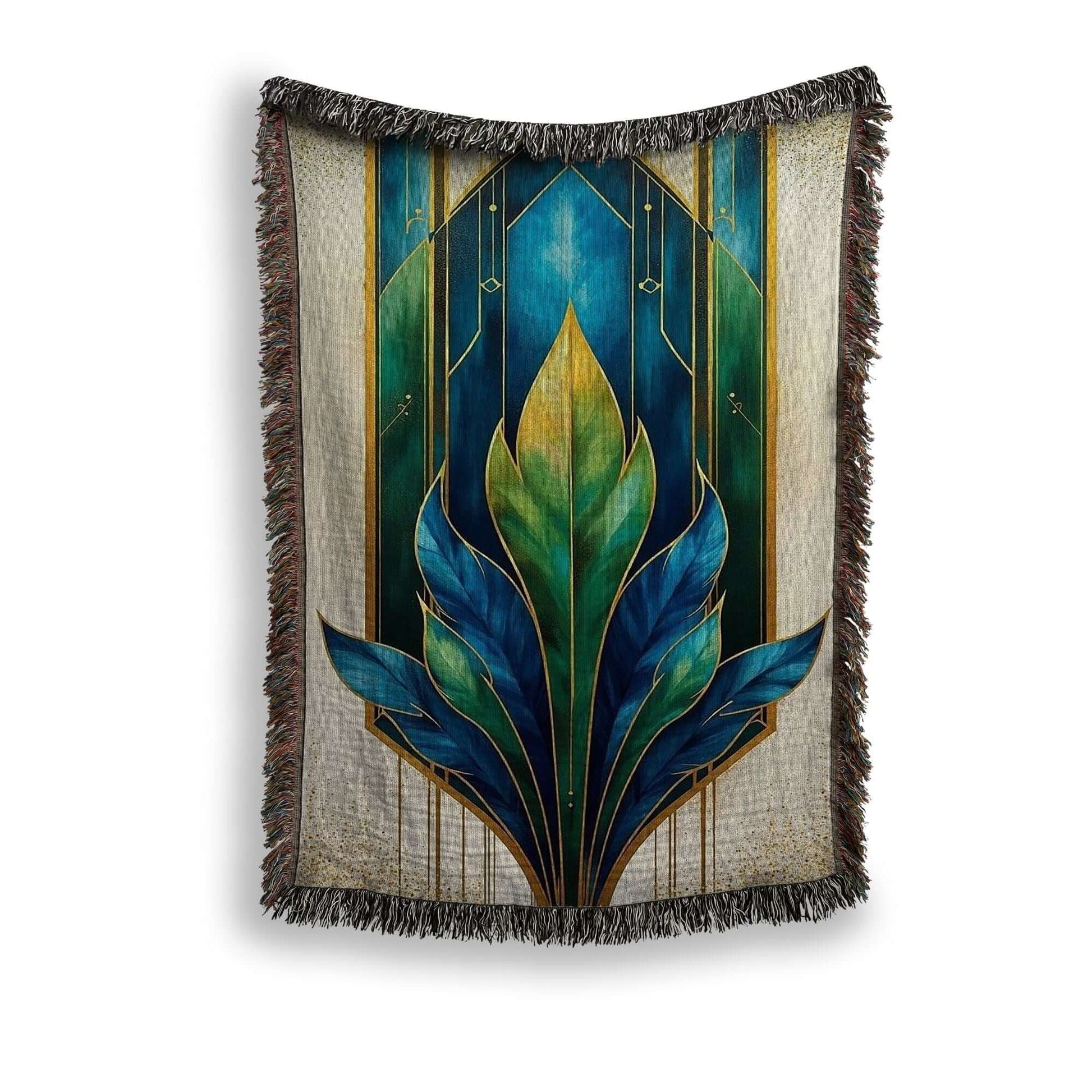 Art Deco Woven Blanket in Blue Green Gold against a white background