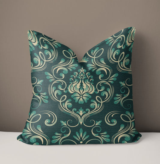 Dark Green Floral Damask Woven Pillow on a white surface with a taupe background