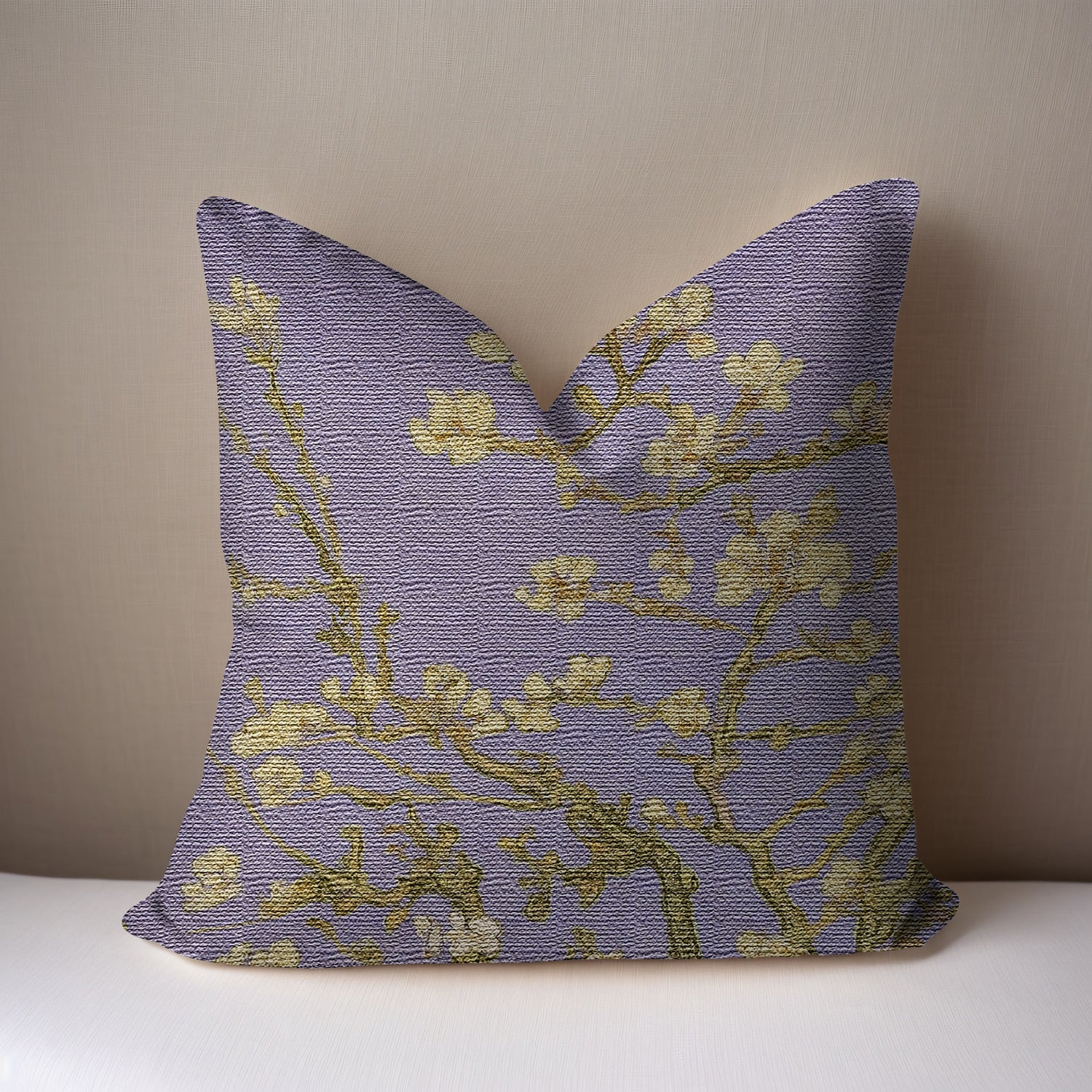 Van Gogh Almond Blossom Woven Pillow in Lavender  on a white surface with a taupe background