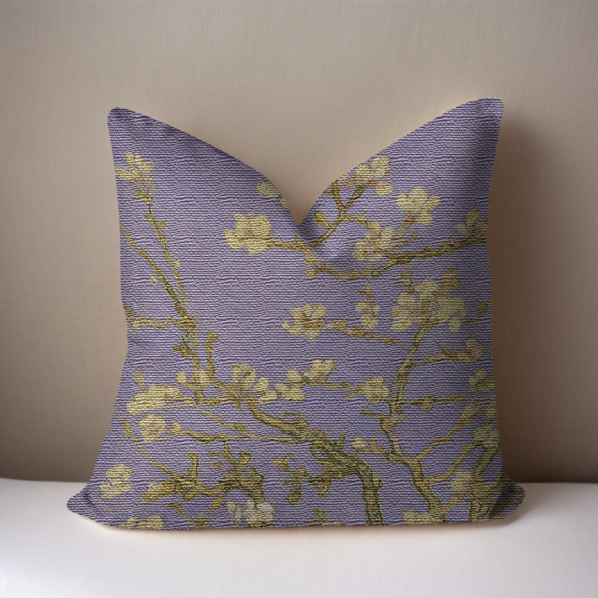 Van Gogh Almond Blossom Woven Pillow in Lavender  on a white surface with a taupe background