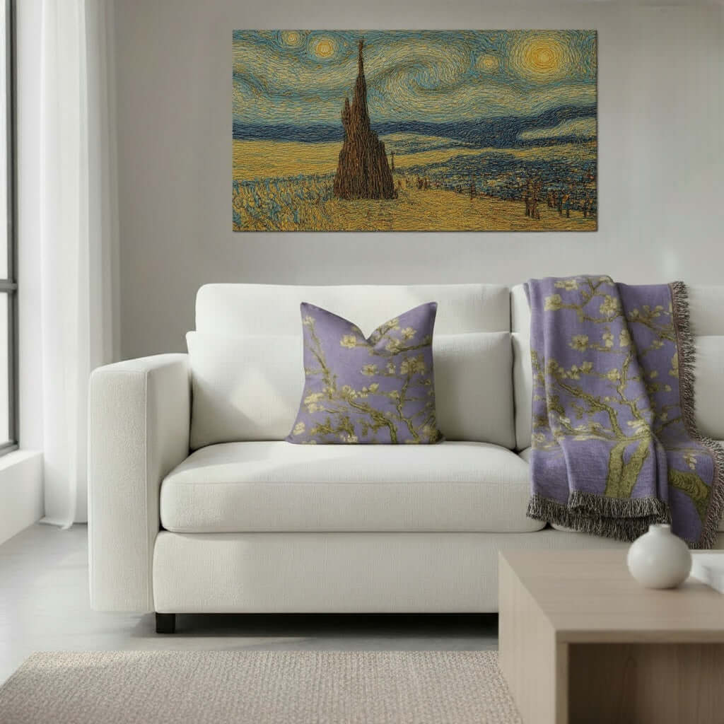 Van Gogh Almond Blossom Woven Pillow in Lavender with a matching blanket on a white sofa in a well lit modern livingroom