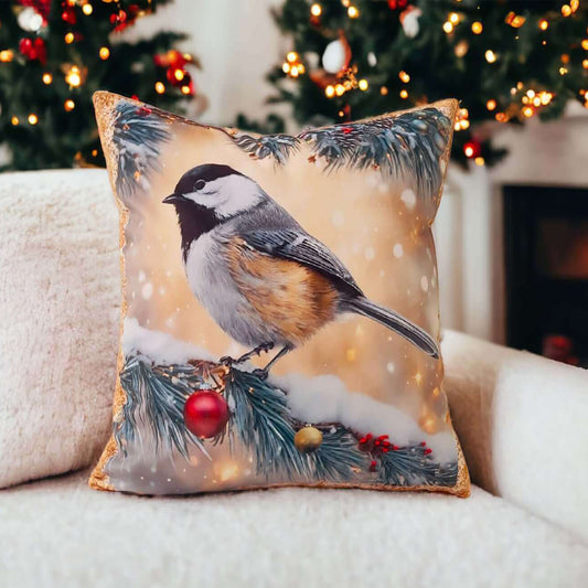 Mountain Chickadee Velvet Pillow Cover On a cream sofa with a Christmas tree in the background 
